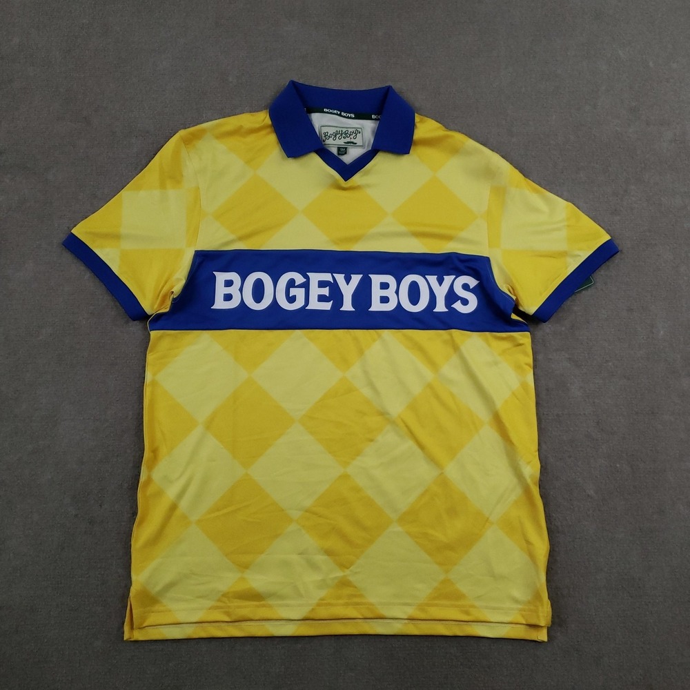 Bogey Boys Polo Shirt Mens Small Yellow Argyle Golf Performance Stretch